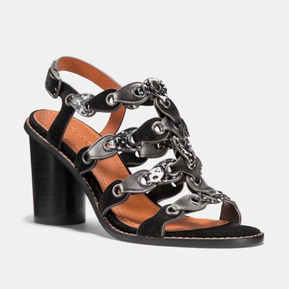 Coach Mid Heel Sandals With Coach Link Size 8.5 Black Leather Casual Strappy